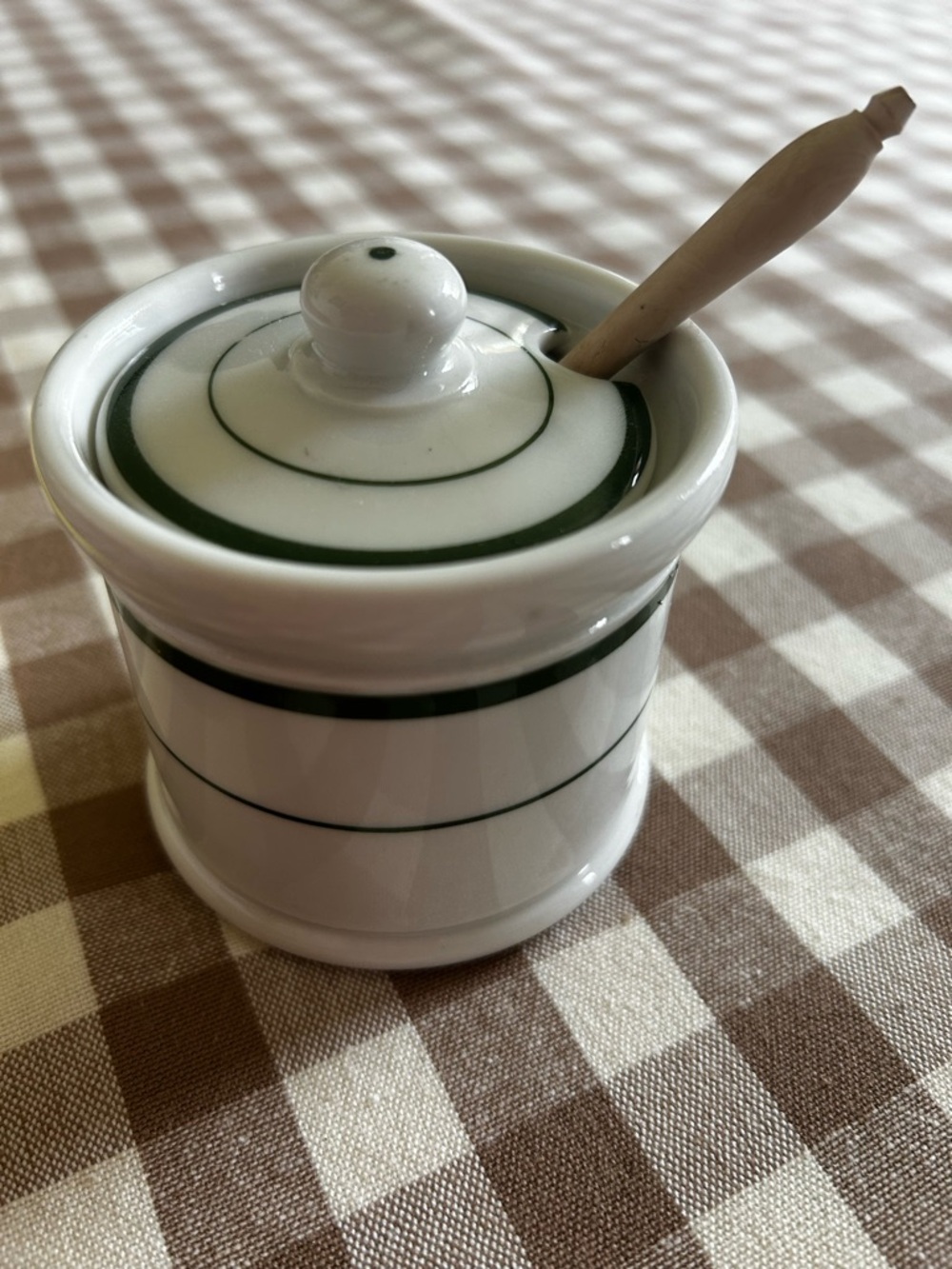 Classic Shenango Restaurant-ware Mustard Pot with Green Stripe & Wooden Spoon
